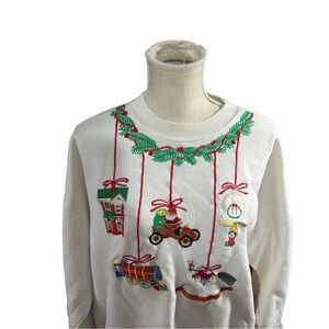 Vintage 80s Hallmark Ornaments Club Women White Ugly Christmas Sweatshirt Sz XL